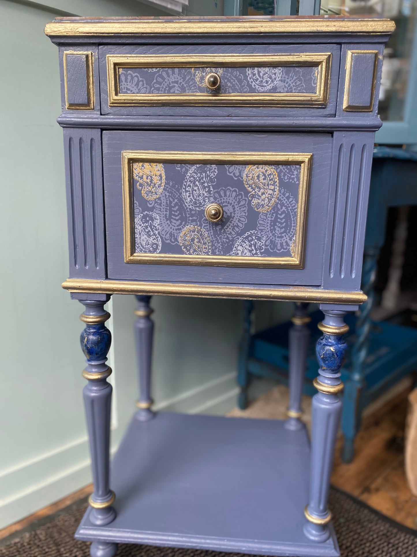 Vintage French Louis Style Cabinet. Circa 1900 Chevet Bedside Table. Antique Marble Top Lamp Table. Indian Paisley Block Print Pattern. Blue Chevet