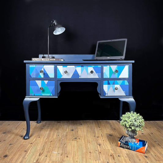French 5 drawer dressing table with beautiful blue geometric design.