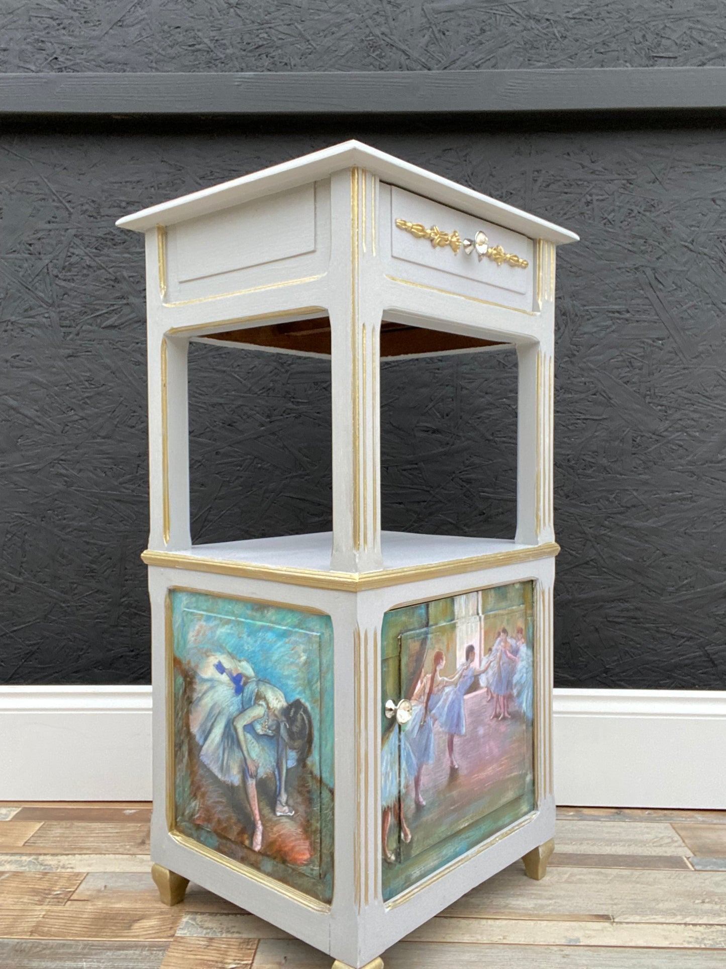 Vintage French Louis Style cabinet, circa 1900, Chevet Bedside Table, Antique Marble Lamp Table, Degas Blue Dancers.