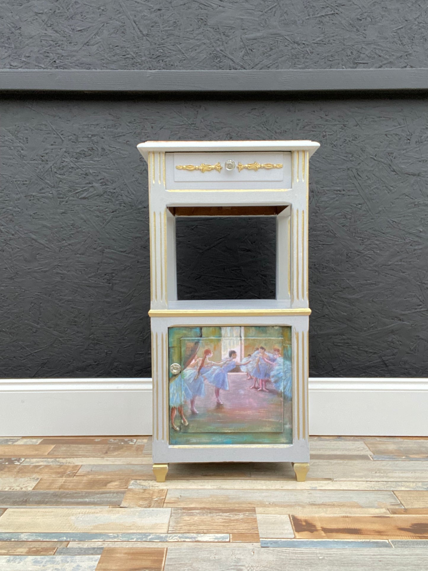 Vintage French Louis Style cabinet, circa 1900, Chevet Bedside Table, Antique Marble Lamp Table, Degas Blue Dancers.