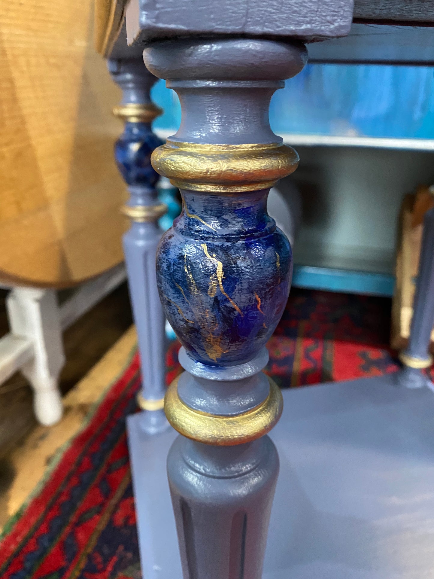 Vintage French Louis Style Cabinet. Circa 1900 Chevet Bedside Table. Antique Marble Top Lamp Table. Indian Paisley Block Print Pattern. Blue Chevet